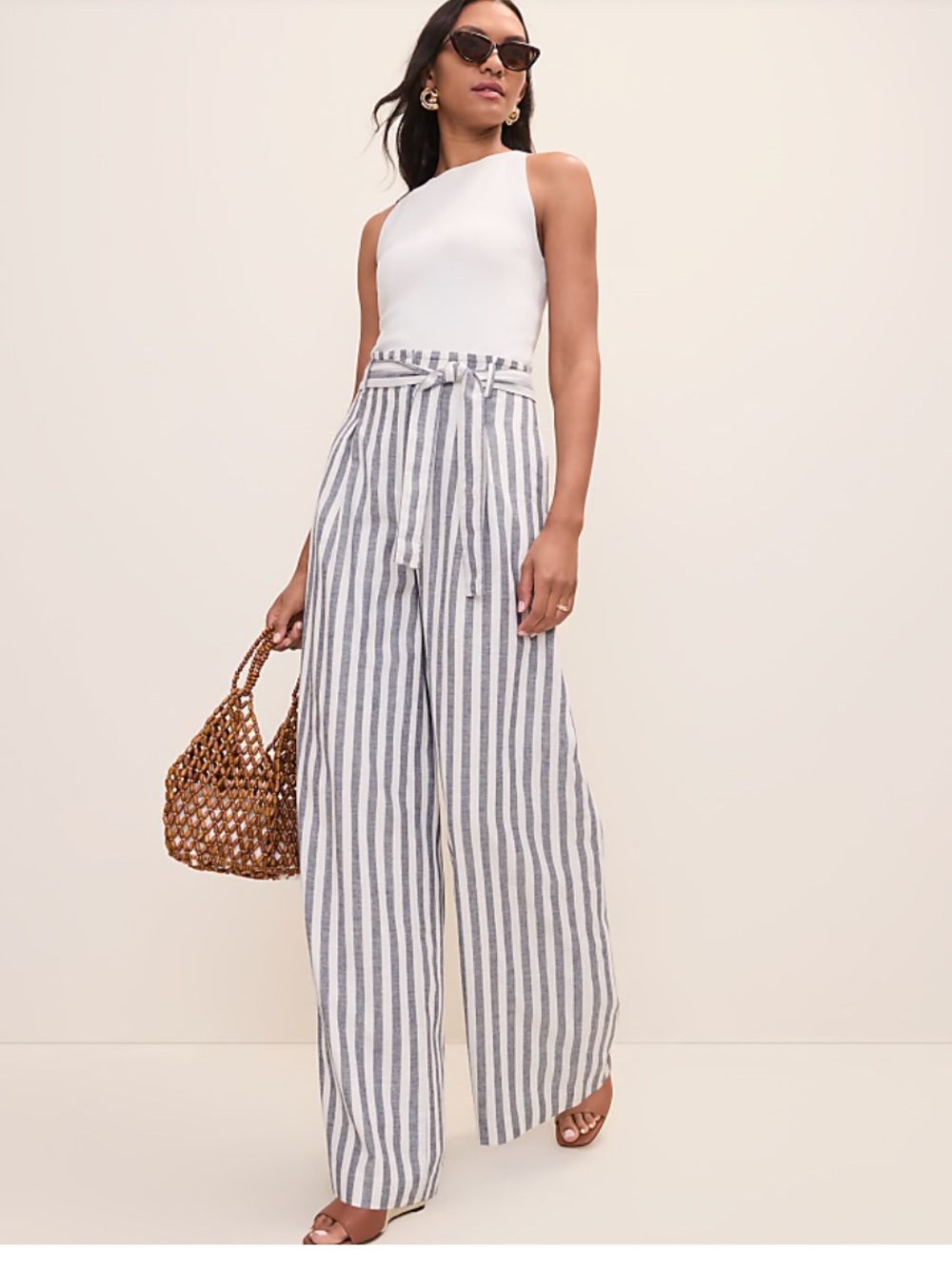 Ann Taylor Striped High-Waist Wide-Leg paper bag pants- Subdued Navy